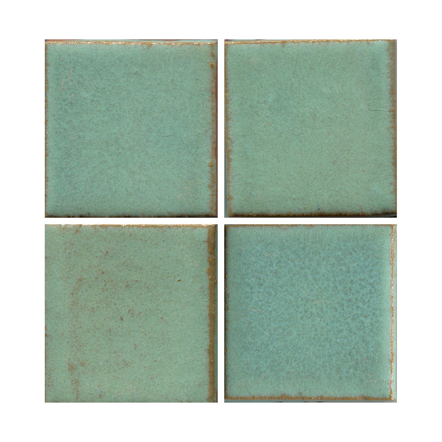 A set of four square tiles with a matte finish, transitioning in color from light green to turquoise.